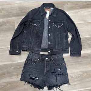 Levi's Black Distressed Denim Jacket and Cutoff Shorts Set
